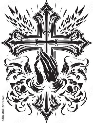 black and white tattoo design of  Christ cross and hand