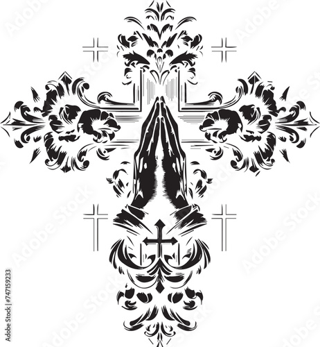 black and white tattoo design of  Christ cross and hand