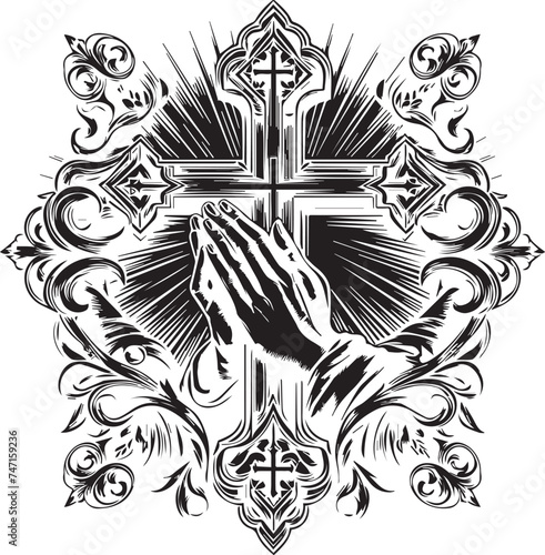 black and white tattoo design of  Christ cross and hand