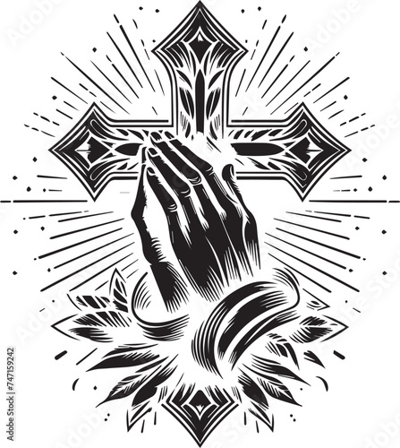black and white tattoo design of  Christ cross and hand