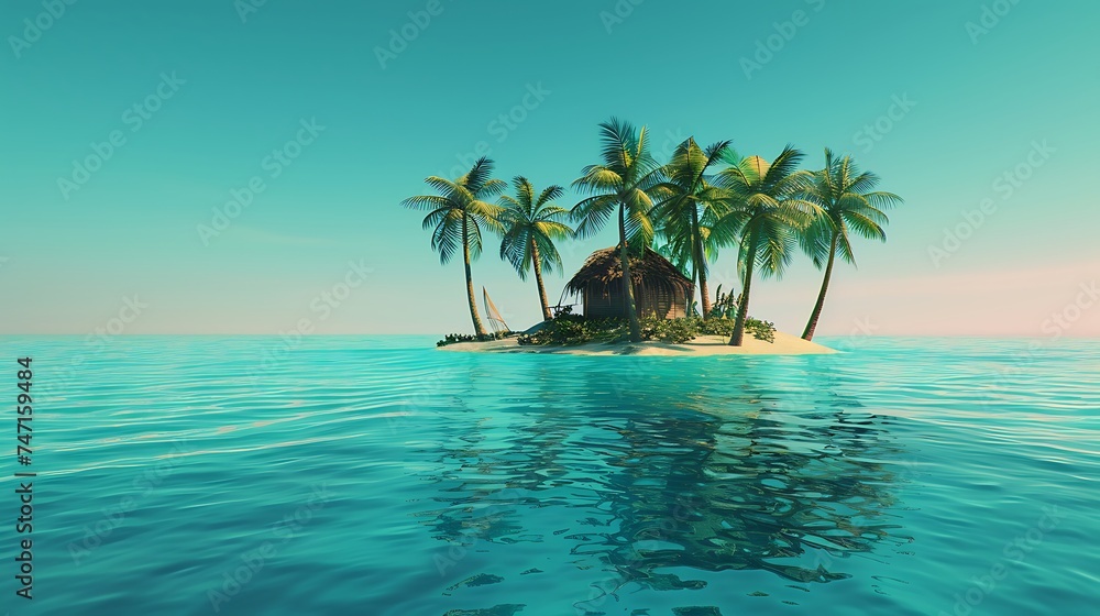 Small tropical island with palms and hut surrounded sea blue water. Scenery of tiny island in ocean. Concept of vacation, travel, nature, summer. Generative Ai