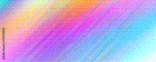 Pixelated rainbow holographic diagonal gradient background with dithering effect. Colorful neon pixel art mosaic texture. Vintage retro video game background. Vector illustration in 8-bit style