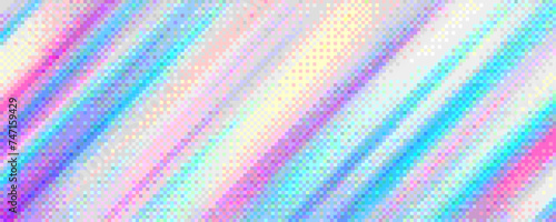 Pixelated diagonal holographic gradient background with dither effect. Colorful mosaic pixel art texture in holographic foil colors. Vintage retro video game background. Vector illustration photo