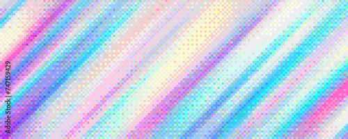 Pixelated diagonal holographic gradient background with dither effect. Colorful mosaic pixel art texture in holographic foil colors. Vintage retro video game background. Vector illustration