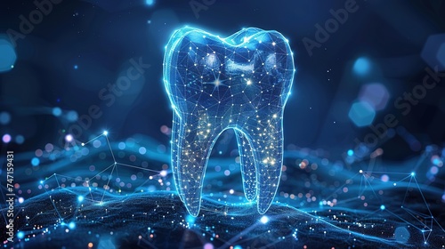Abstract design dental implant icon, frame on stars and constellations on space background photo
