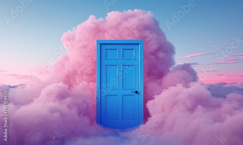 3d rendering, closed blue door and pink clouds in the sky. Abstract minimal background, Generative AI