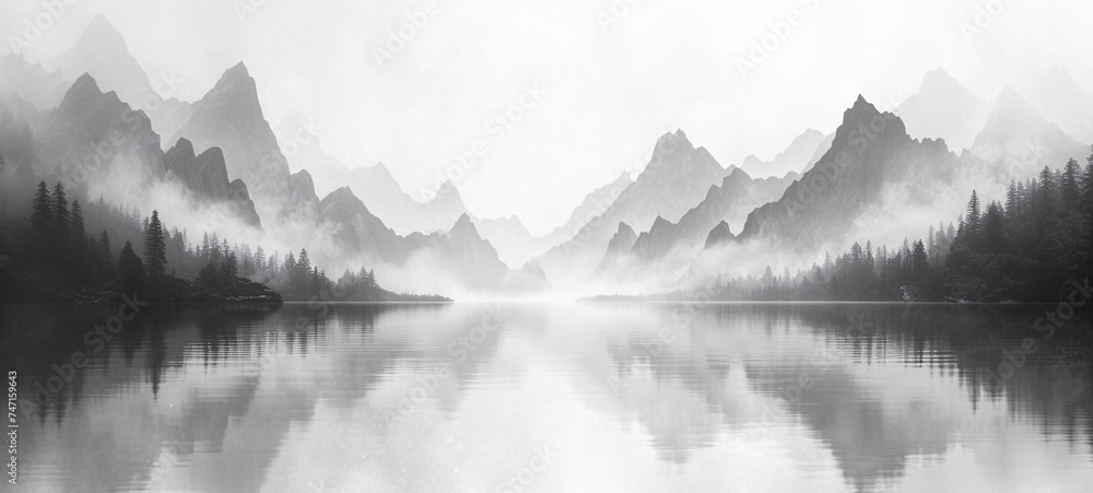 Mystical Morning Mist Over Tranquil Lake Surrounded by Majestic Mountain Peaks - Black and White Landscape Photography
