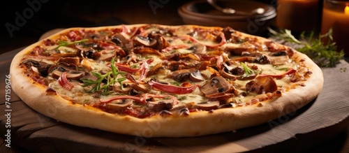 A bacon and mushroom pizza is displayed on top of a sturdy wooden table. The pizza is freshly baked, with golden-brown crust, gooey cheese, savory bacon, and earthy mushrooms.