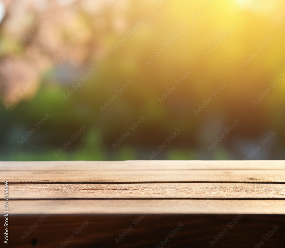 Empty wooden table for product demonstration and presentation against the backdrop of green grass, field, forest. Copy space. Mock up Empty wooden table for product demonstration and presentation against the backdrop of green grass, field, forest. Copy space. Mock up