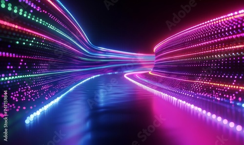 cycled 3d animation. Abstract neon background with colorful glowing lines appear on the left side, sliding right and fade away. Futuristic animated, Generative AI