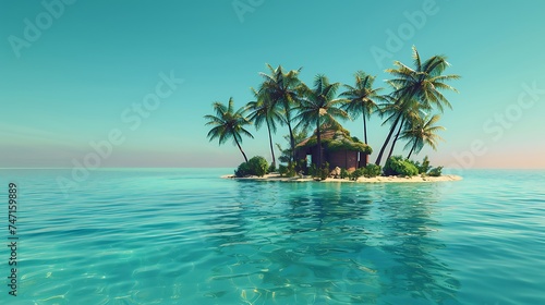 Small tropical island with palms and hut surrounded sea blue water. Scenery of tiny island in ocean. Concept of vacation  travel  nature  summer. Generative Ai