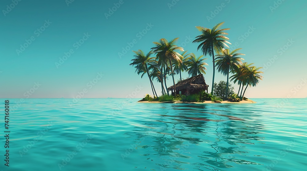 Fototapeta premium Small tropical island with palms and hut surrounded sea blue water. Scenery of tiny island in ocean. Concept of vacation, travel, nature, summer. Generative Ai