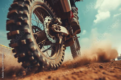 Person riding dirt bike on dirt road, suitable for outdoor adventure concepts © Alexandr
