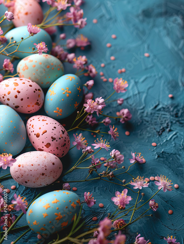 Easter pastel background with pink and blue eggs on a blue textured surface.