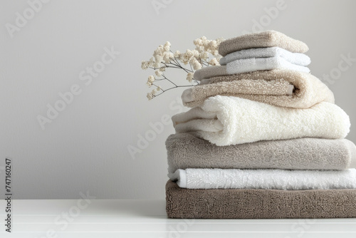 Neatly arranged stack of towels on table, suitable for bathroom or spa concept