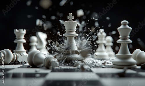 3d rendering, aggressive chess game white queen attacks and destroys other pieces. Damage metaphor, stressful situation, fight concept, Generative AI photo