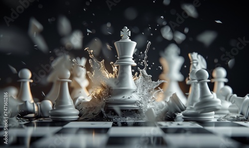 3d rendering, aggressive chess game white queen attacks and destroys other pieces. Damage metaphor, stressful situation, fight concept, Generative AI photo