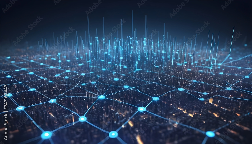 Obraz premium Modern cityscape with sky scraper buildings and modern interconnected technology network grid from above 3D imaginative rendering in blue at night 