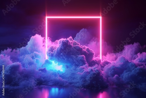 3d rendering, abstract geometrical background with square neon frame and stormy cloud glowing with pink blue light, Generative AI
