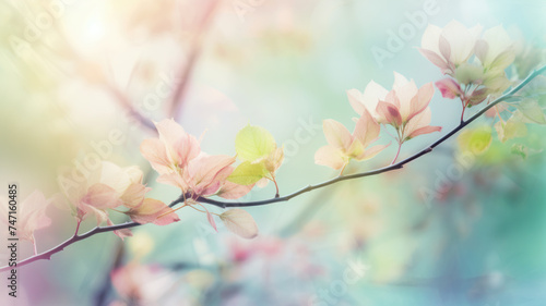 Delicate branch with fresh buds and leaves, spring pastel colors