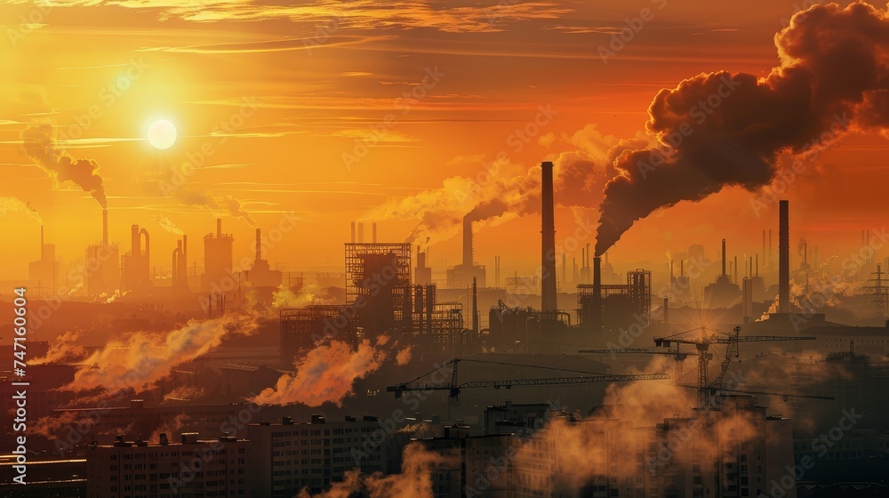 Industrial Pollution Over City at Sunrise