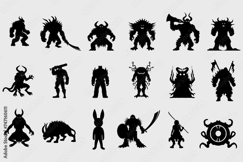 a set of silhouettes of demon and beast holding swords, spears and various different weapons.