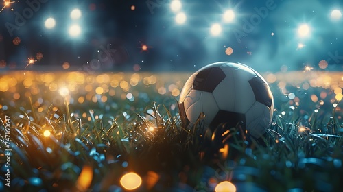 Soccer ball on field grass at stadium glowing with spotlights. Championship, football sports game concept. Generative Ai © Handz