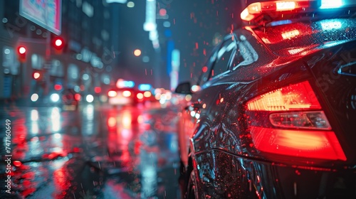 Rain-Speckled Car Tail Lights in Neon-Lit City © kiimoshi