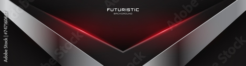3D black silver techno background overlap layer on dark space with red light arrows decoration. Modern graphic design element cutout style concept for web banner, flyer, card, cover or brochure
