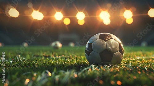 Soccer ball on field grass at stadium glowing with spotlights. Championship, football sports game concept. Generative Ai