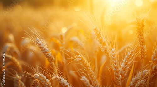 Sunlit wheat field under a bright sun in the background on a clear day A tranquil and picturesque landscape scene