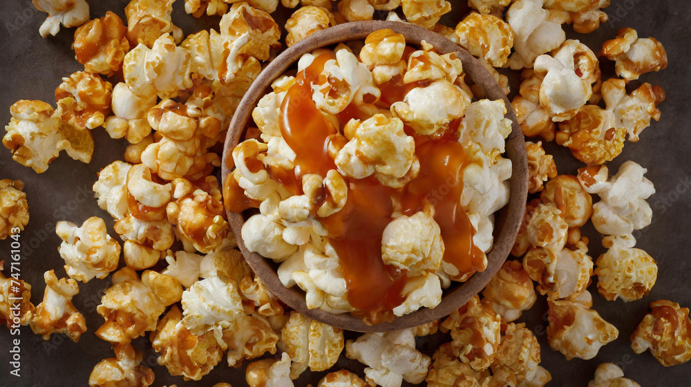 Popcorn with caramel sauce topping Popcorn with caramel sauce topping