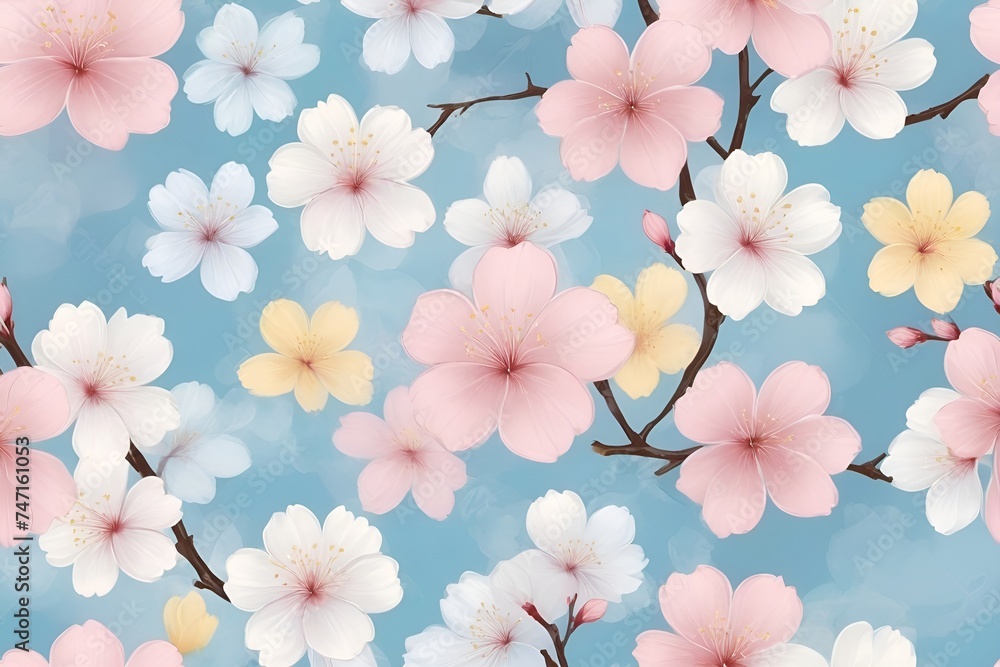  watercolour sakura flowers in pastel pink blue yellow