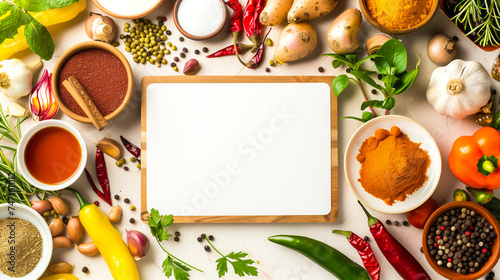 Indian foods background with white board in the middle