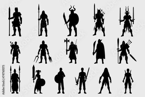 a set of silhouettes of warriors and knights holding swords and spears.