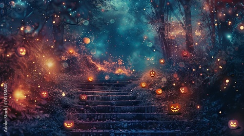 Halloween Pathway  Jack-o -Lanterns Under Starry Sky Collage  