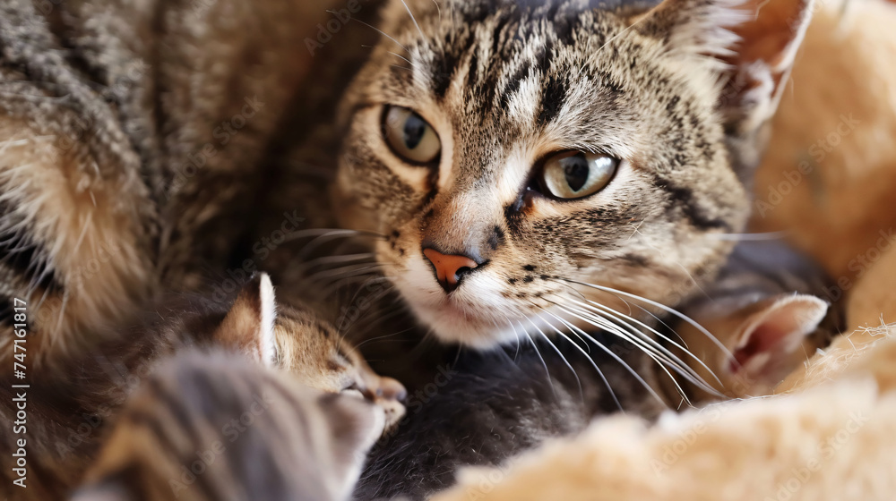 Cat nursing her little kittens closeup up