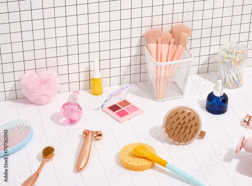 Beauty products and spa treatment. Make up supplies and wellness center.