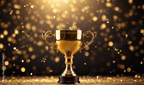 Golden championship cup trophy with magical defocused background and celebration confetti decoration