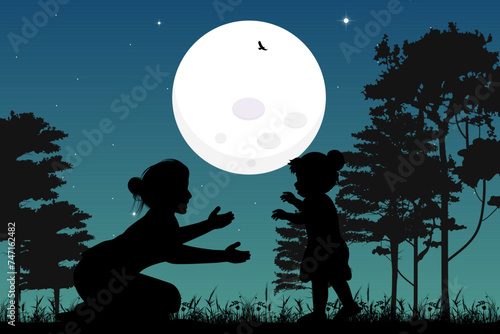 cute mother and daughter silhouette