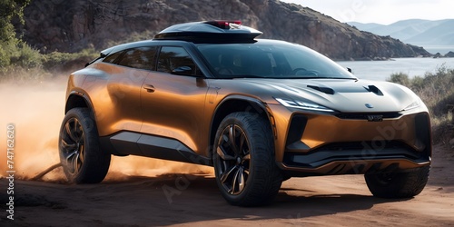 An electric SUV with a copper finish navigates the rough desert landscape  kicking up a cloud of dust. Its robust appearance suggests both luxury and off-road capability.
