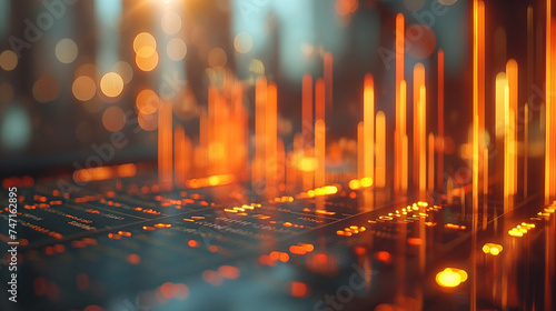 Many charts and graphs. Reflection light and flare. Concept image of data gathering and statistical working.