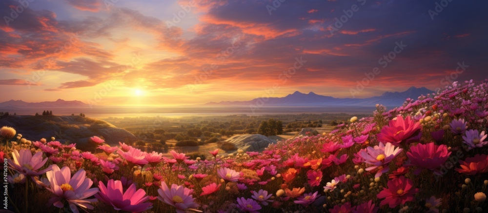 A field of vibrant flowers is bathed in the warm light of a setting sun, casting a golden hue over the landscape. The flowers are in full bloom, their petals glowing under the colorful sky.