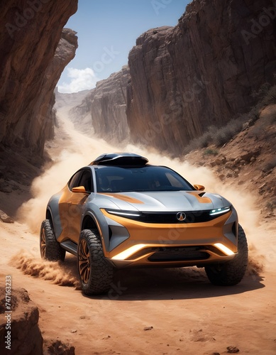 Amidst towering canyon walls, a high-tech SUV in luminous orange forges its path, leaving a trail of dust. The vehicle's design melds with the rugged terrain, reflecting the fusion of power and nature