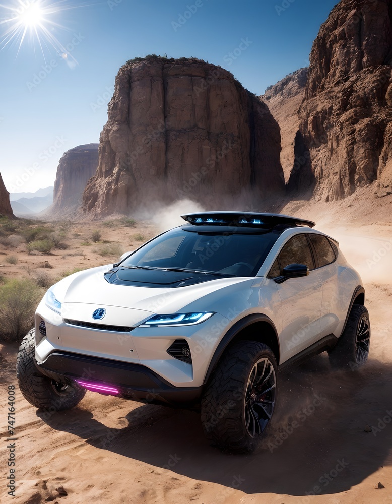 An autonomous electric SUV traverses a desert road between towering rock formations, basking in the brilliance of the morning sun. Its cutting-edge design promises a new era of eco-friendly