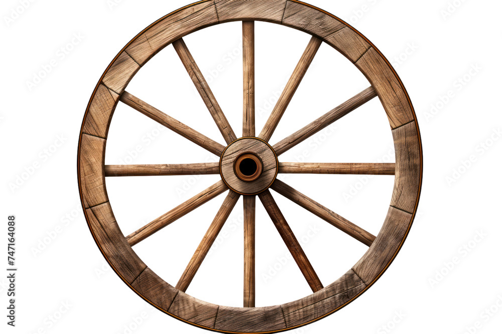 Wooden wagon wheel isolated on transparent and white background.PNG image.	