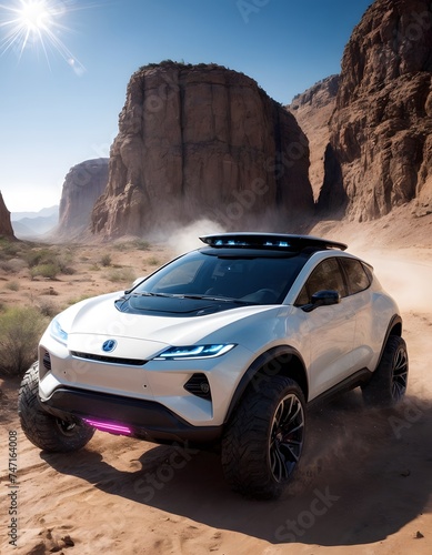 An autonomous electric SUV traverses a desert road between towering rock formations, basking in the brilliance of the morning sun. Its cutting-edge design promises a new era of eco-friendly