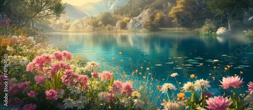 Tranquil Reflections  A Serene Lake Surrounded by Lush Greenery and Colorful Blooms