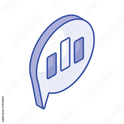 Bar chart on chat bubble showing concept isometric icon of analytical comment