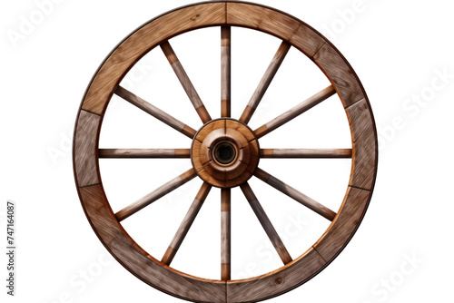 Wooden wagon wheel isolated on transparent and white background.PNG image. 